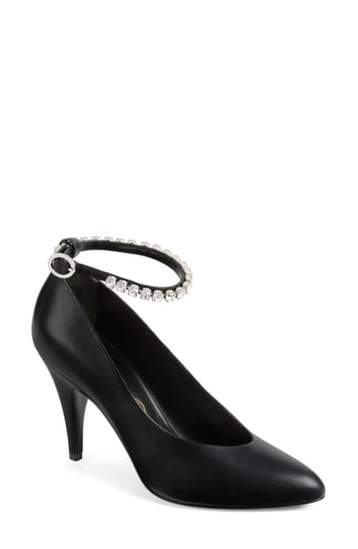 Shop Gucci Blanca Crystal Ankle Strap Pump In Black