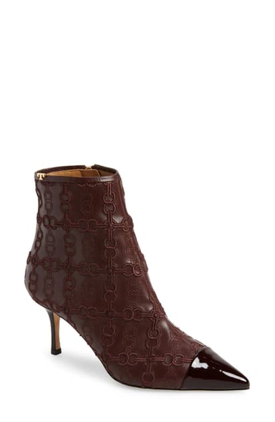 Shop Tory Burch Penelope Embroidered Bootie In Black Cherry/ Black Cherry