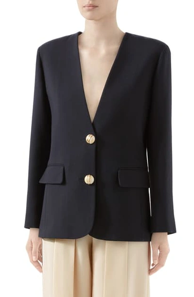 Shop Gucci Wool Crepe Blazer In Ink/ Mix