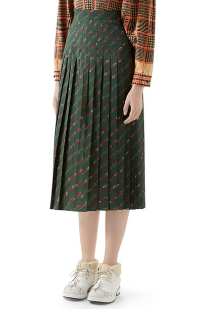 Shop Gucci Pleated Belt Print Wool Midi Skirt In Green/ Red Printed
