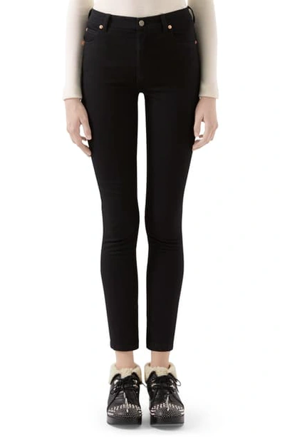 Shop Gucci Gg Rhombus Patch Skinny Jeans In Black/ Gold