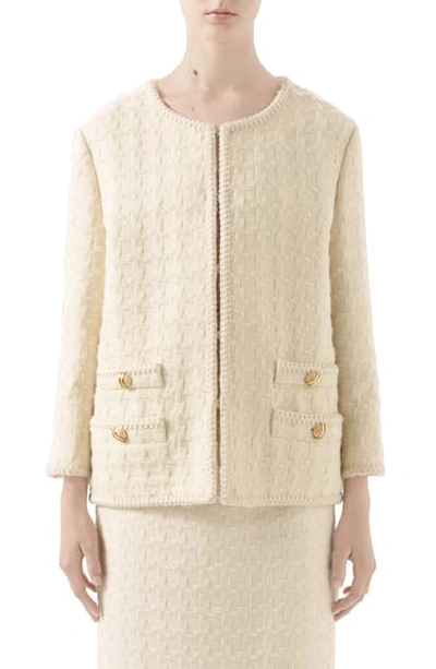 Shop Gucci Houndstooth Tweed Wool Blend Jacket In White Snow