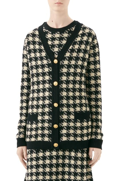 Shop Gucci Houndstooth Jacquard Cashmere & Silk Cardigan In Ivory/ Black