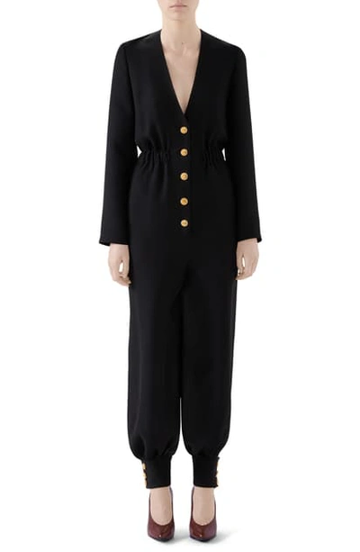 Shop Gucci Interlocking-g Button Cady Crepe Jumpsuit In Black