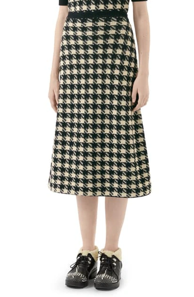 Shop Gucci Houndstooth Jacquard Cashmere & Silk Midi Sweater Skirt In Ivory/ Black
