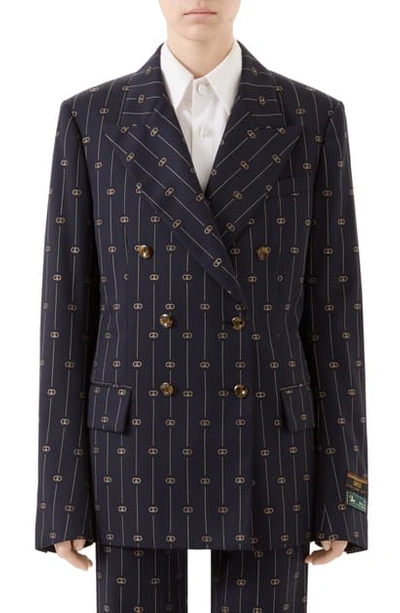 Shop Gucci Gg Double Breasted Wool & Silk Blazer In Cielo/ Multicolor