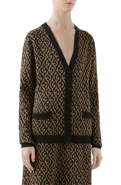 Shop Gucci Gg Rhombus Metallic Jacquard Wool Blend Cardigan In Gold/ Black
