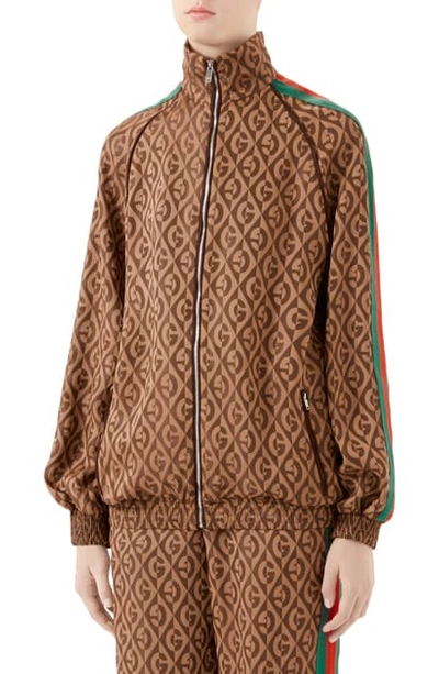 Shop Gucci Gg Rhombus Jacquard Jersey Jacket In Brown/ Multicolor