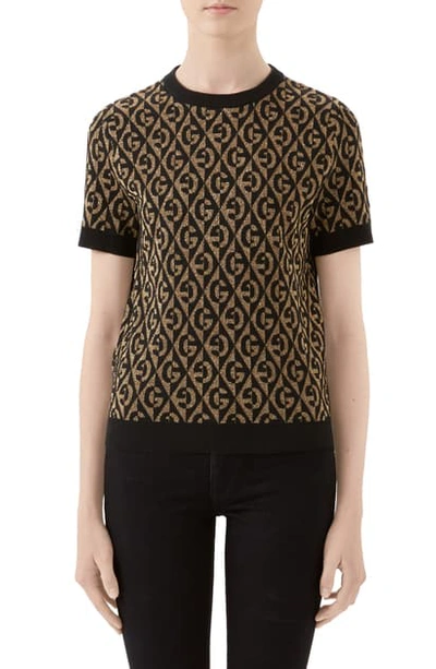 Shop Gucci Gg Rhombus Metallic Jacquard Wool Blend Sweater In Gold/ Black