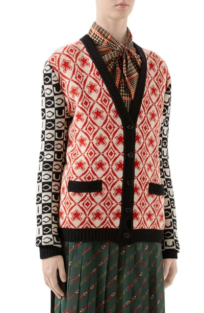 Shop Gucci Checkerboard Jacquard Wool Cardigan In Red/ Black/ Ivory