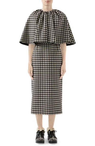Shop Gucci Houndstooth Midi Dress With Removable Cape In Black/ Bone
