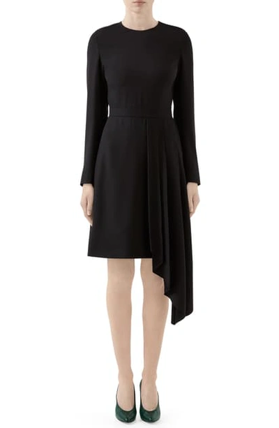 Shop Gucci Asymmetrical Drape Satin Long Sleeve Dress In Black