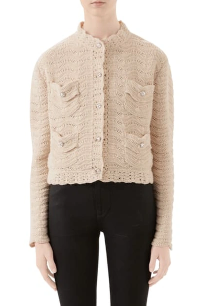 Shop Gucci Jewel Button Crochet Wool Sweater Jacket In Ivory