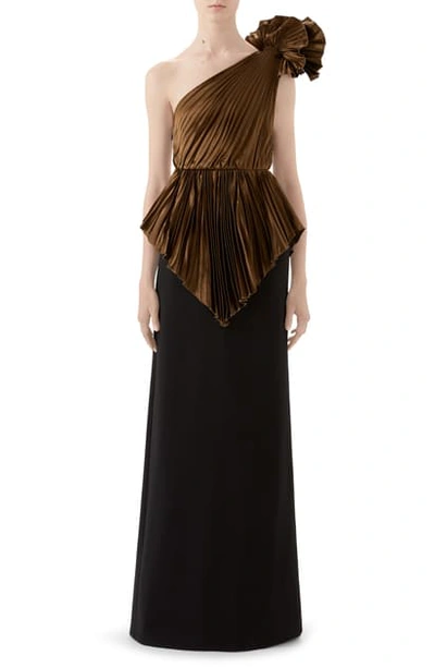 Shop Gucci Plisse One-shoulder Gown In Brown/ Black