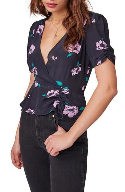 Shop Astr Malia Floral Print Ruched Peplum Top In Black Iron Lilac Floral