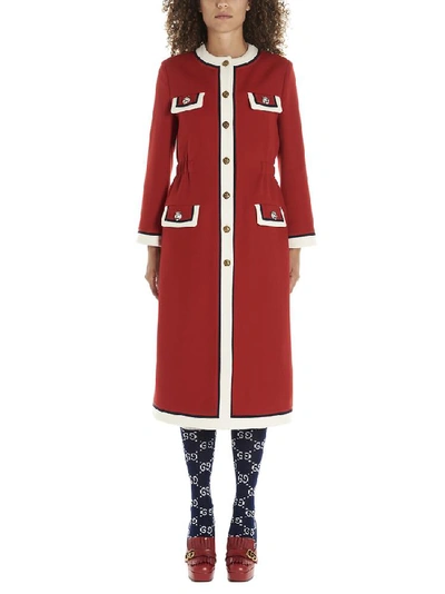 Shop Gucci Trimmed Feline Button Coat In Red
