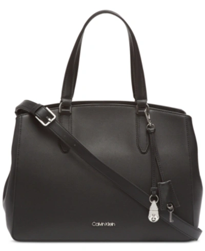 Shop Calvin Klein Lock Leather Satchel In Black/silver