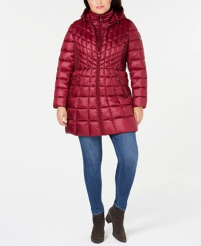 Shop Bernardo Plus Size Hooded Packable Puffer Coat In Berry Jam