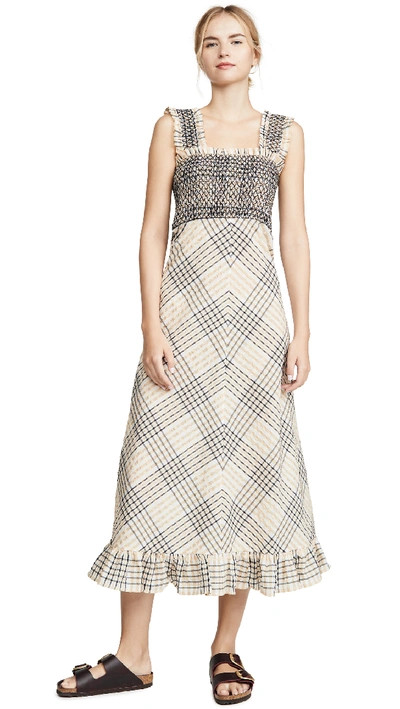 Shop Ganni Seersucker Check Maxi Dress In Irish Cream