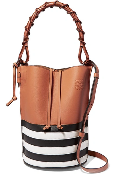Shop Loewe Gate Striped Textured-leather Bucket Bag In Tan