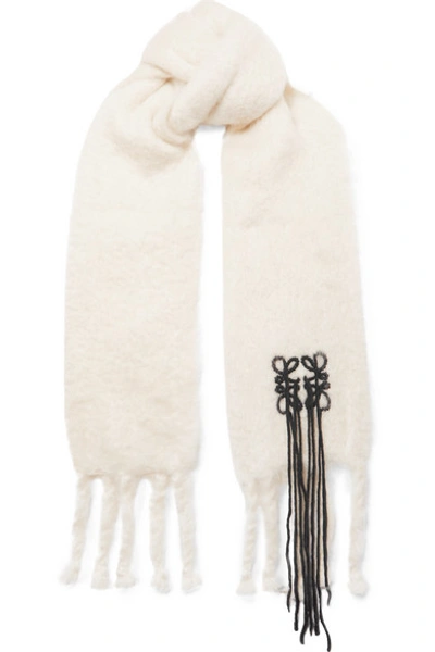 Shop Loewe Embroidered Mohair-blend Scarf In White