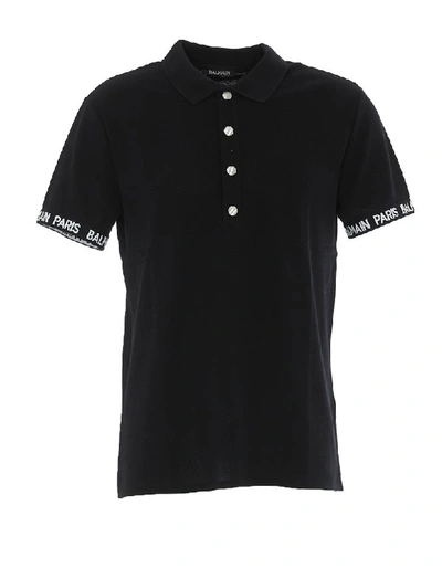 Shop Balmain Logo Sleeve Polo Shirt In Black