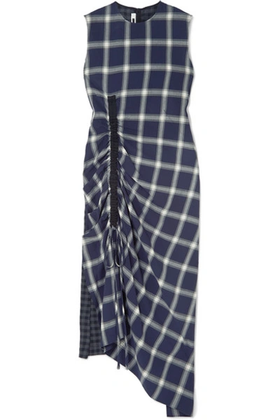 Shop Mcq By Alexander Mcqueen Draped Paneled Checked Flannel Dress In Navy