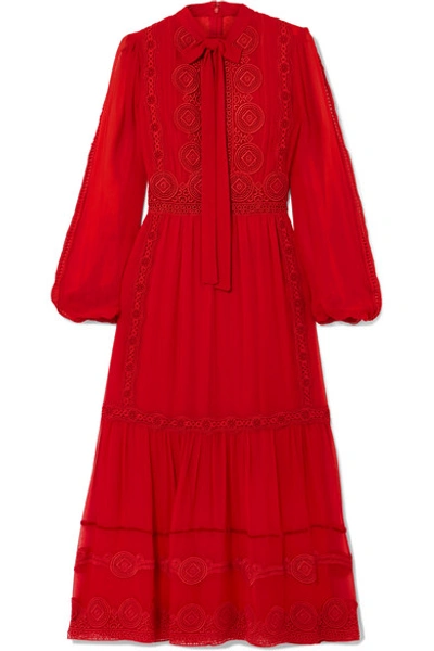 Shop Costarellos Pussy-bow Crochet-trimmed Silk-blend Crepe De Chine Midi Dress In Red