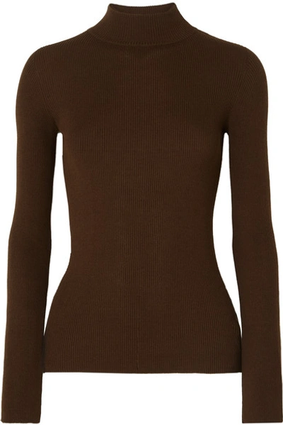 Shop The Row Sulli Ribbed Silk And Cotton-blend Turtleneck Sweater In Brown