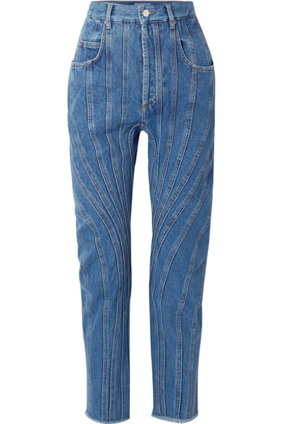 Shop Mugler Frayed Paneled High-rise Straight-leg Jeans In Blue