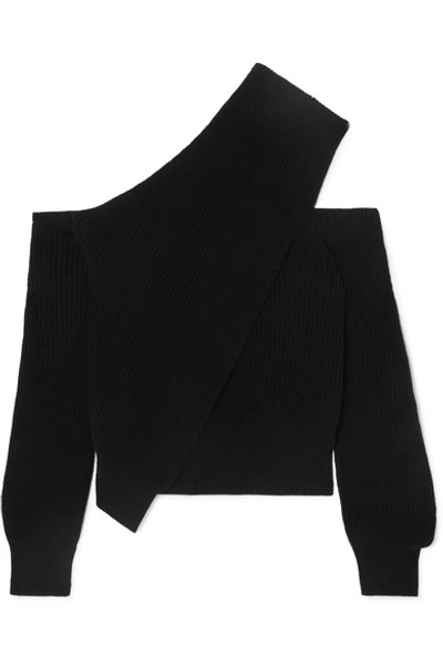 Shop Rta Juliet One-shoulder Ribbed Cotton Sweater In Black