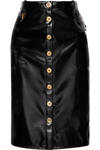 Shop Versace Vinyl Midi Skirt In Black