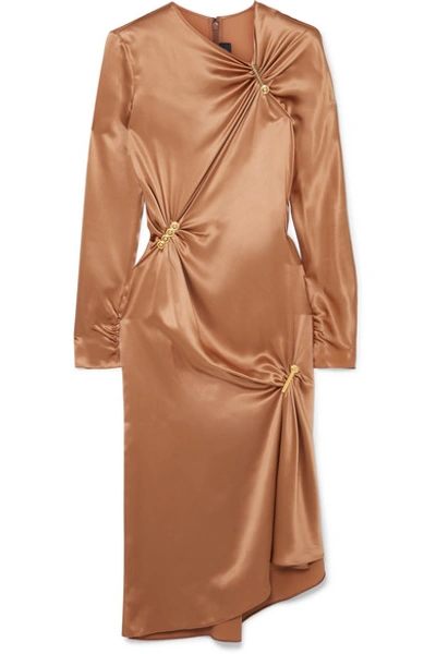 Shop Versace Embellished Draped Silk-satin Midi Dress In Brown
