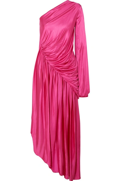 Shop Halpern One-sleeve Draped Asymmetric Stretch-jersey Midi Dress In Pink