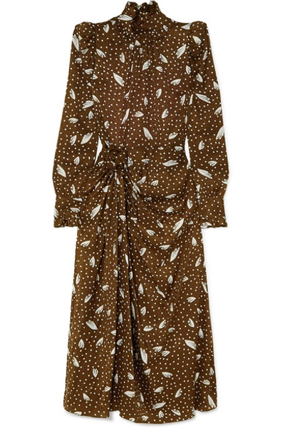 Shop Alessandra Rich Gathered Printed Silk-jacquard Midi Dress In Brown