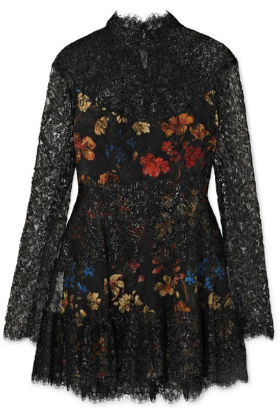 Shop Etro Metallic Corded Lace And Floral-print Crepe Mini Dress In Black