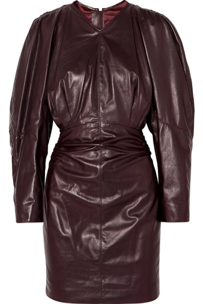 Shop Isabel Marant Celini Ruched Leather Mini Dress In Burgundy