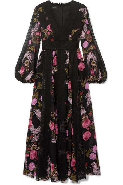 Shop Giambattista Valli Lace-trimmed Floral-print Silk-georgette Midi Dress In Black