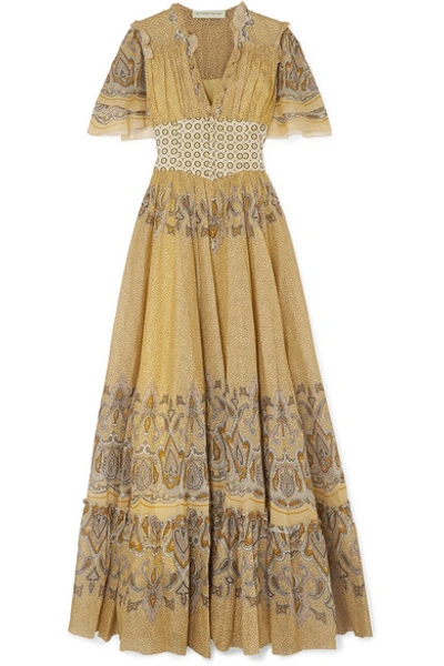 Shop Etro Ruffled Printed Cotton-voile And Jacquard Maxi Dress In Pastel Yellow