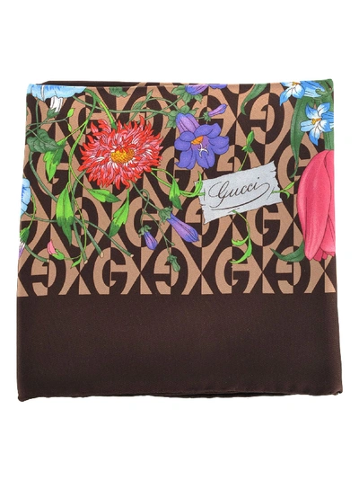 Shop Gucci Silk Scarf With Flora And G Rhombus Print In Beige