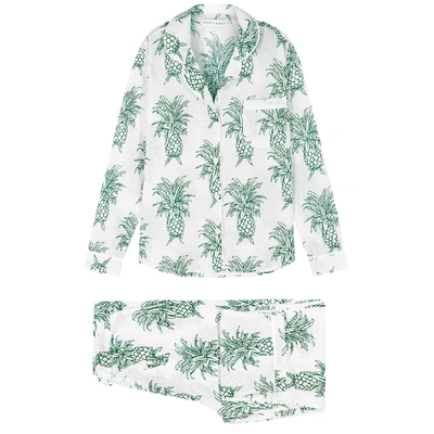 Shop Desmond & Dempsey Howie Printed Cotton Pyjama Set In White And Green