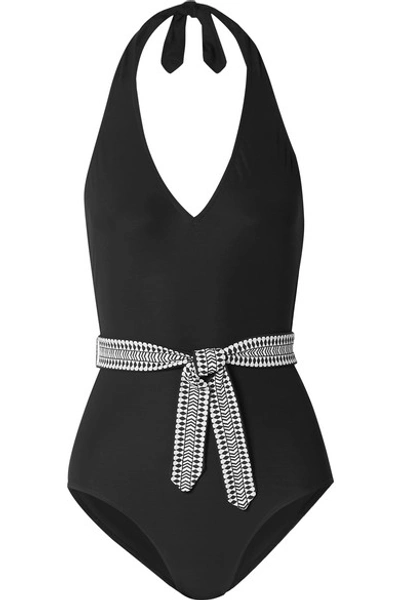 Shop Lemlem Sofia Belted Halterneck Swimsuit In Black