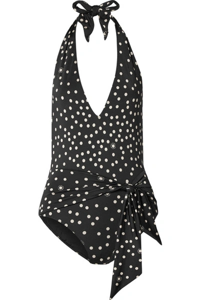 Shop Stella Mccartney Tie-front Polka-dot Halterneck Swimsuit In Black