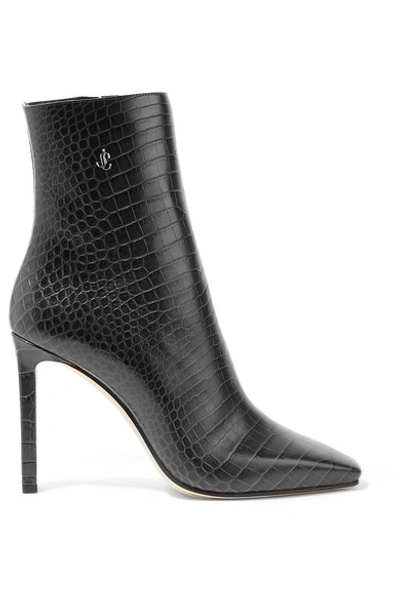 Shop Jimmy Choo Minori 100 Embellished Croc-effect Leather Ankle Boots In Charcoal