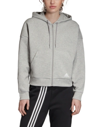 Shop Adidas Originals Adidas Women's Must Have 3-stripe Zip Hoodie In Medium Grey Heather/white