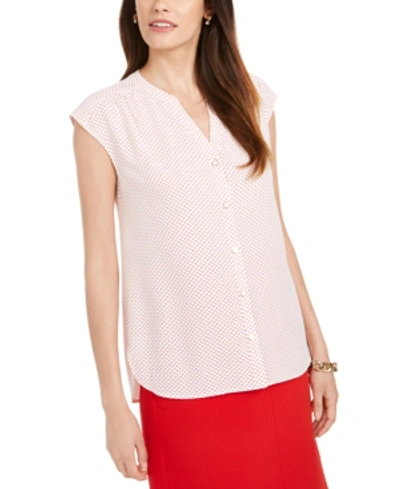 Shop Anne Klein Micro-dot Button-up Blouse In Anne White/red