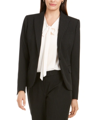 Shop Anne Klein Pinstriped One-button Blazer In Anne Black/anne White