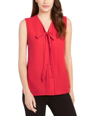 Shop Anne Klein V-neck Pleated Bow Blouse In Red