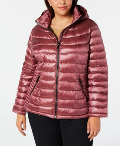 Shop Calvin Klein Plus Size Hooded Packable Down Puffer Coat, Created For Macy's In Pearlized Raspberry Wine