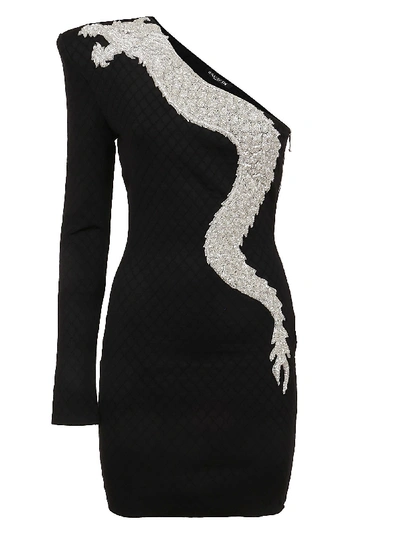 Shop Balmain Short Asymmetric Dragon Embroidery Dress In Pa Noir